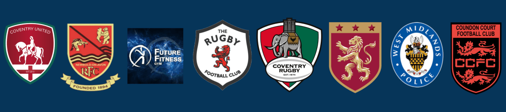 Logos of various sports clubs and organizations in Coventry, including Coventry United, Newbold RFC, Future Fitness Gym, The Rugby Football Club, Coventry Rugby, West Midlands Police, and Coundon Court Football Club.